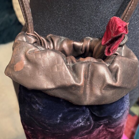 Velvet + Leather Small Drawstring Bucket Bag, Multi-Color with Velvet Flowers - Picture 11 of 15